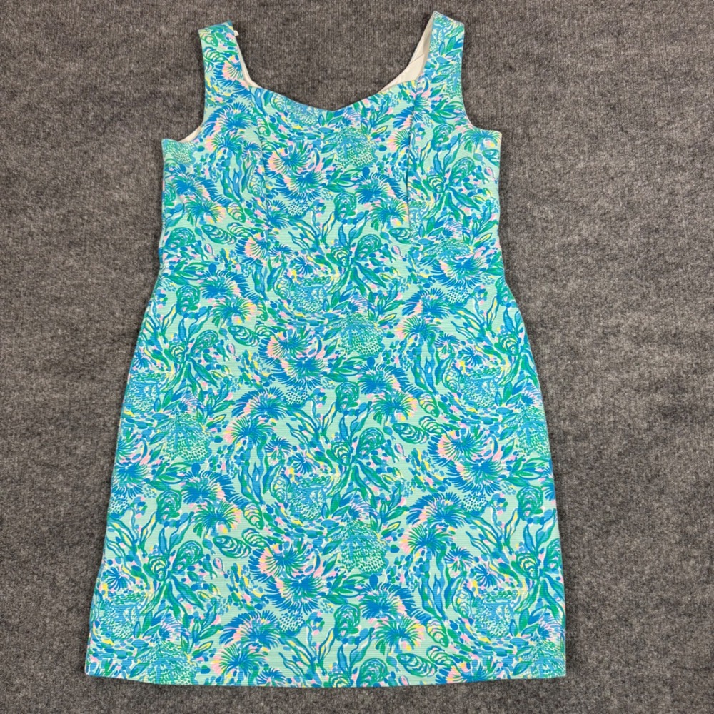 Lilly Pulitzer Shift Dress Tropical Floral Women XL Blue Cotton Pique EUC Coast